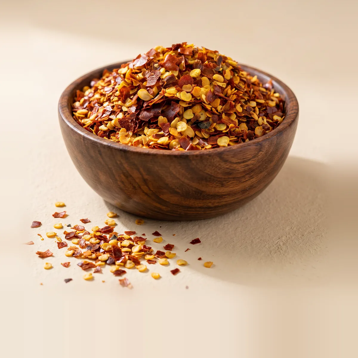 Chilli Flakes in a wooden bowl