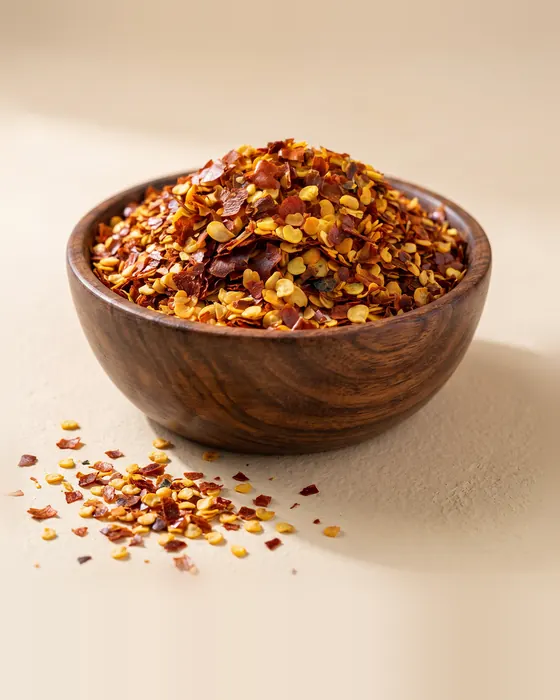 Chilli Flakes in a wooden bowl
