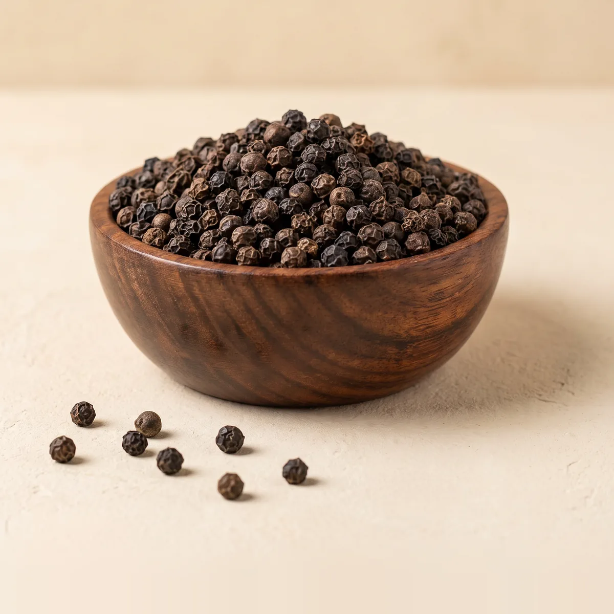 Kali Mirch (Whole) in a wooden bowl