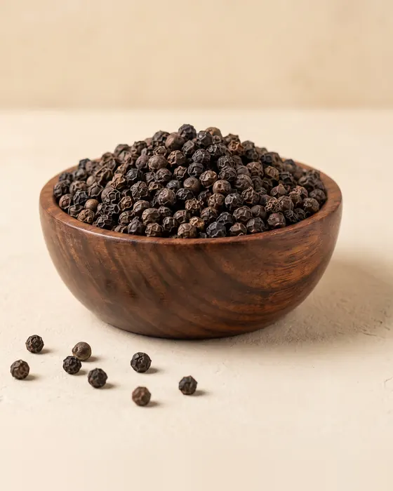 Kali Mirch (Whole) in a wooden bowl